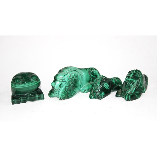 371 - A collection of malachite carvings to include a toad and  three lions, etc (6)