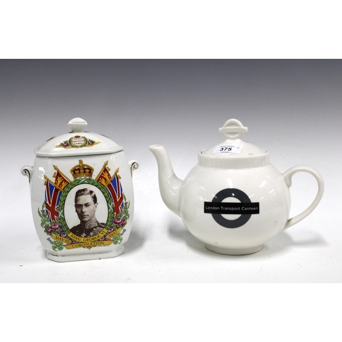 375 - Maling ware Ringtons Tea caddy to commemorate King George VI and Queen Elizabeth Coronation 1937 tog... 