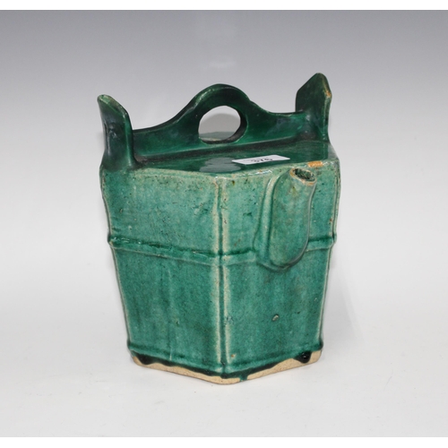 376 - Chinese green glazed provincial pot with small circular lid, handle with restoration 21cm high