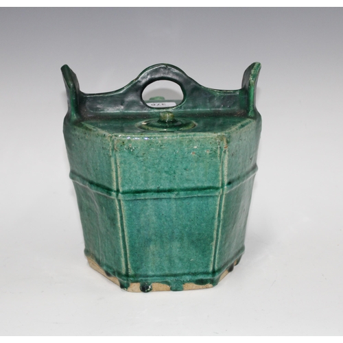 376 - Chinese green glazed provincial pot with small circular lid, handle with restoration 21cm high