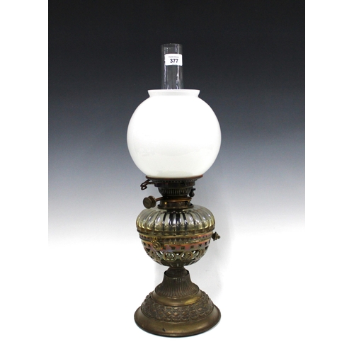 377 - Hinks & Sons No.2 Safety oil lamp with glass funnel and opaque glass shade, overall height 55cm