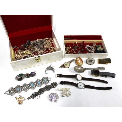 38 - Jewellery box containing a collection of vintage costume jewellery and wristwatches, etc  (a lot)