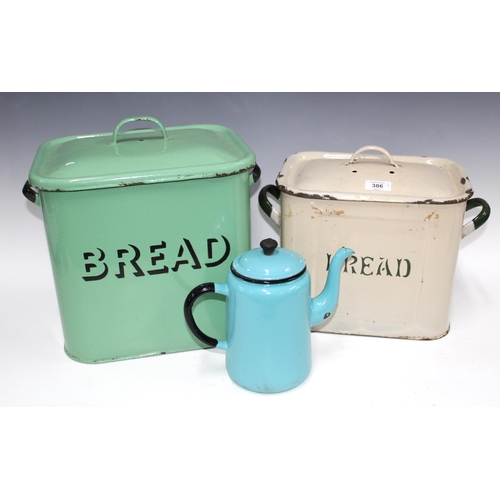 386 - Vintage enamel kitchenalia to include two Bread bins with covers and a blue coffee pot (3)