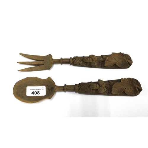 408 - Folk Art wooden fork ands spoon with acorn and vine leaf pattern,  26cm (2)