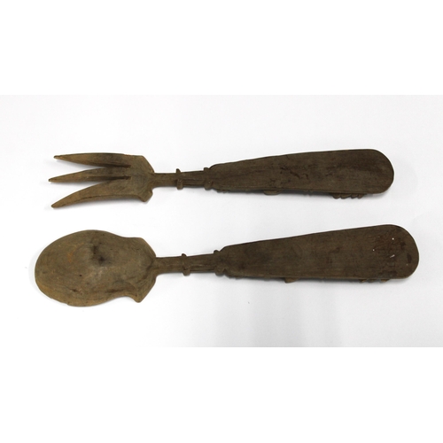 408 - Folk Art wooden fork ands spoon with acorn and vine leaf pattern,  26cm (2)