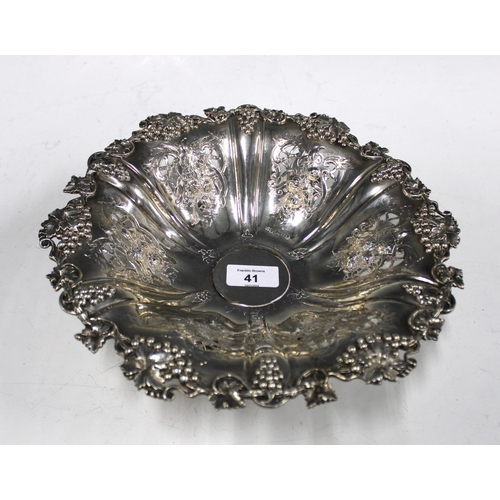 41 - Victorian silver pedestal bowl, with fruit and vine border and pierced design, Martin, Hall & Co, Sh... 
