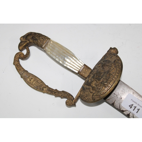 411 - Republica de Chile dagger, eagle handle with mother of pearl grip, 37cm, together with another with ... 