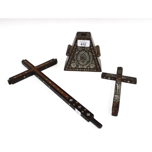 412 - South American reliquaries, mother of pearl mounted wooden crucifix and another with IHS stand (3)