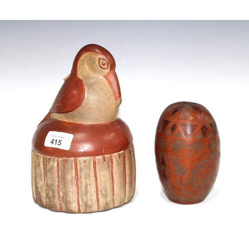 415 - Nazca bird whistling jar, (a/f) 21cm high and a carved gourd (2)