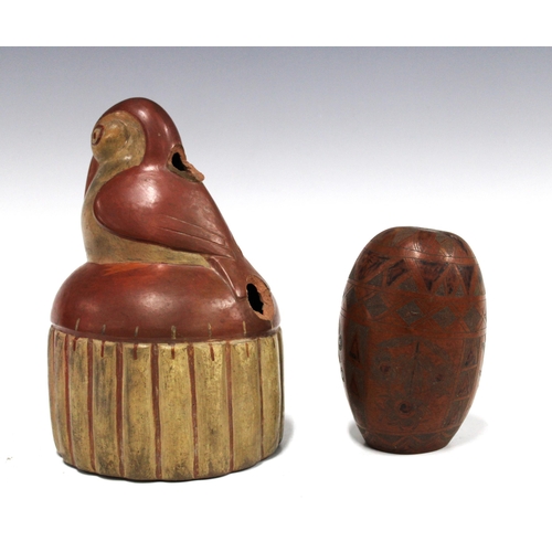 415 - Nazca bird whistling jar, (a/f) 21cm high and a carved gourd (2)