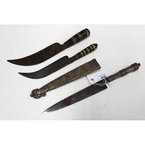 416 - Hunting knife in a white metal sheaf with deer, boar and rabbit together with two other knives with ... 