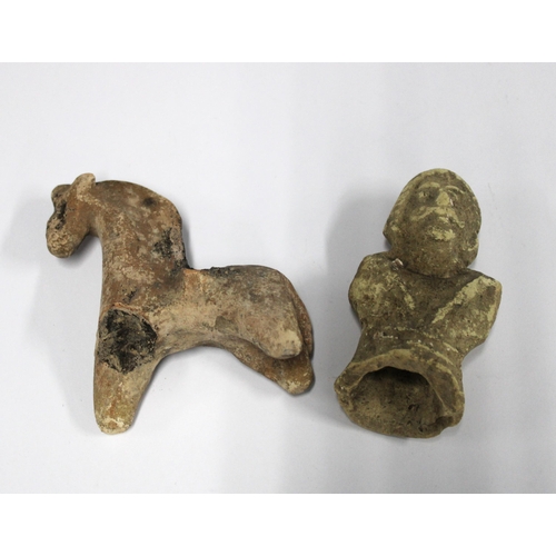 417 - Two early South American clay figures to include a horse and a torso, 10cm high (2)