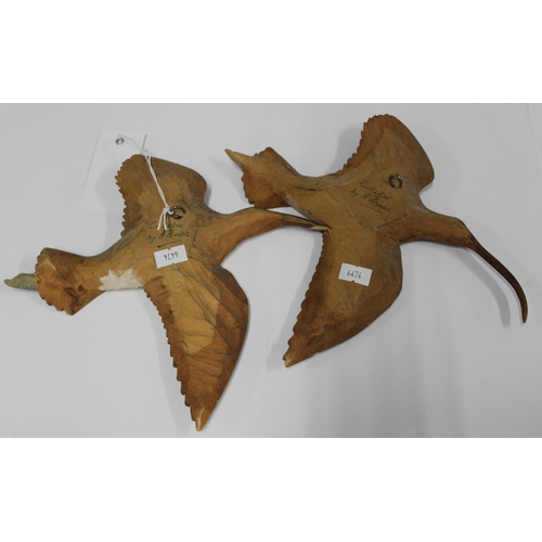 422 - Two Curlew wall plaques, carved by A. Power, 22cm wingspan (2)