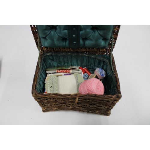 426 - Wicker sewing basket containing vintage cotton threads together with an Eastern inlaid musical box (... 