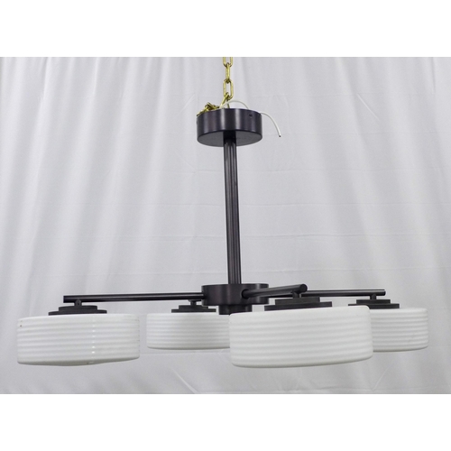 437 - Capri ceiling light with three ribbed glass oval shades, 92 x 55cm.