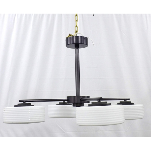 437 - Capri ceiling light with three ribbed glass oval shades, 92 x 55cm.