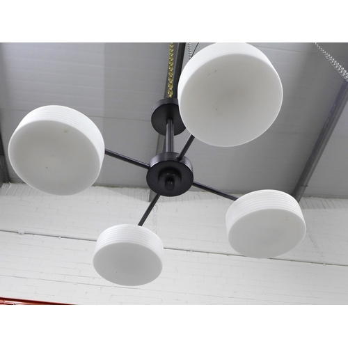 437 - Capri ceiling light with three ribbed glass oval shades, 92 x 55cm.