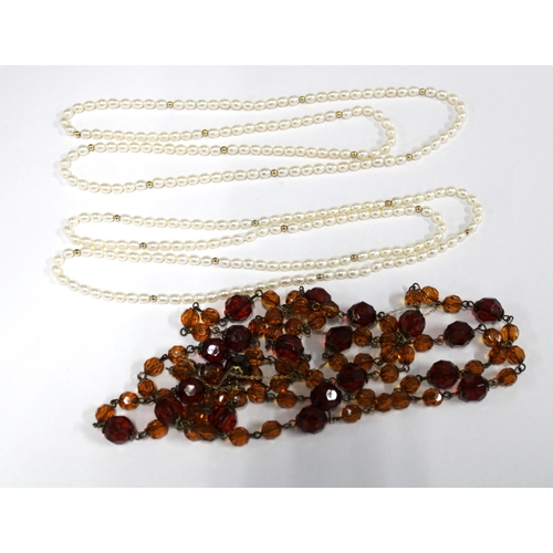 5 - Two strands of cultured pearls with yellow metal spacers together with a strand of amber coloured gl... 