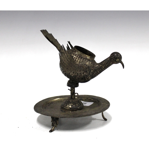 68 - South American white metal bird vessel on circular stand, 16cm high