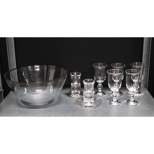 82 - Collection of Lindean Glass to include a bowl, pair of candlesticks and knop stemmed glasses (8) 24 ... 