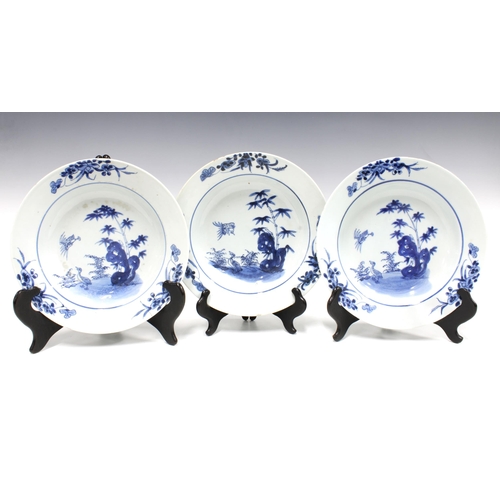 83 - WITHDRAWN  Three Chinese blue and white shallow bowls painted to the centre with ducks and bamboo pa... 