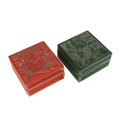 85 - Chinese red lacquer cinnabar box and cover together with another in green lacquer, both lids decorat... 