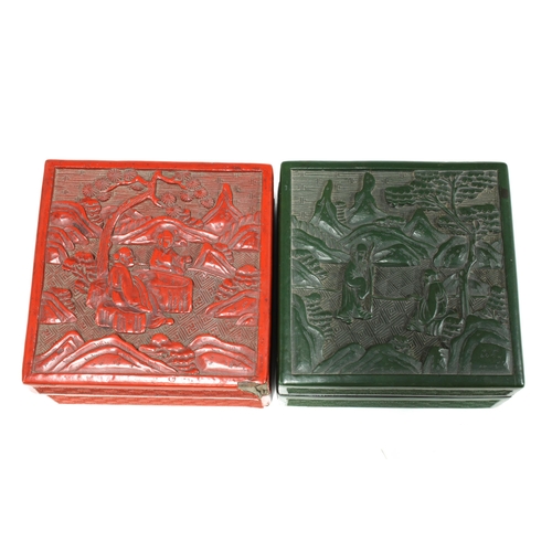 85 - Chinese red lacquer cinnabar box and cover together with another in green lacquer, both lids decorat... 