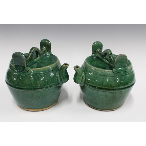 99 - Two Chinese green glazed Shiwan pottery teapots (2) 21 x 23cm