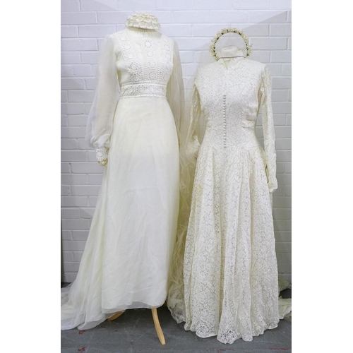 320 - Two vintage wedding dresses, together with a veiled lace cap and a floral headband veil (4)