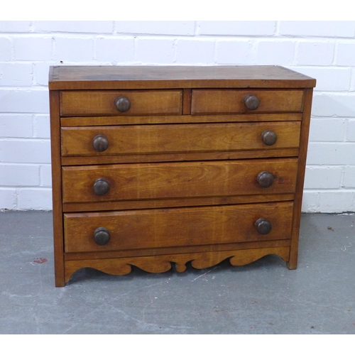 325 - Stained pine apprentice / miniature chest with two short and three graduating long drawers, shaped a... 