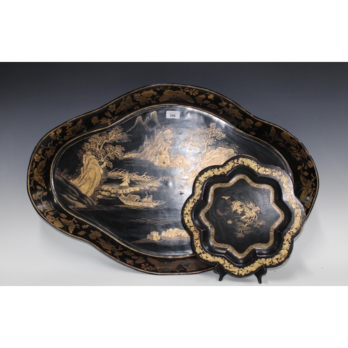 396 - 19th century black lacquered papier mache tray, oval outline and painted with chinoiserie river and ... 