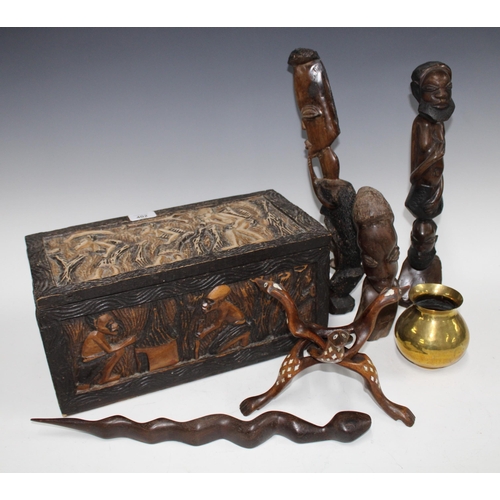 402 - African carved wooden box, 38 x 18cm,  together with wooden figures, brass bowl on tripod stand, etc... 