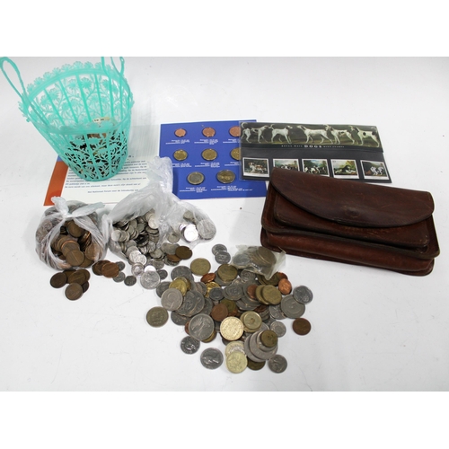 429 - A collection of pre decimal coins, vintage leather bag and stamps, etc (a lot)