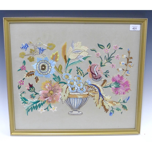 431 - Early 20th century needlework panel of an urn issuing flowers, framed under glass, 53 x 46cm