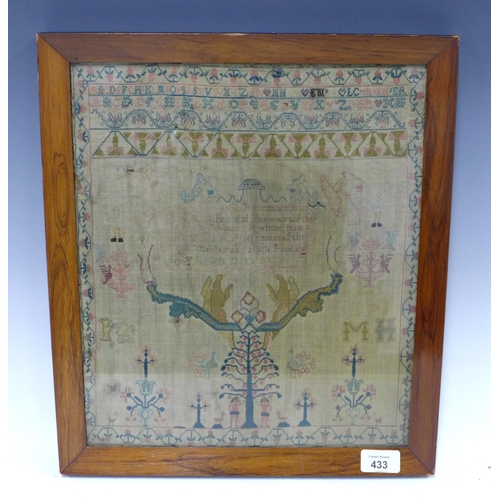 433 - 19th century needlework verse and alphabet sampler worked by ER aged 12 years, rosewood frame, under... 