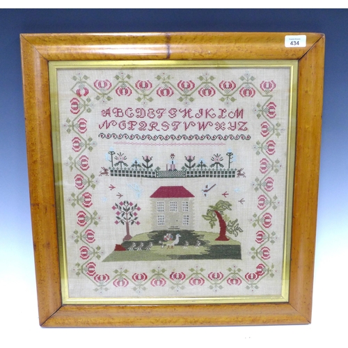 434 - late 19th  century alphabet needlework sampler, burrwood frame, under glass, size overall 55 x 55cm