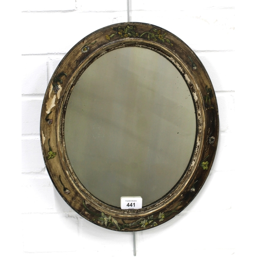 441 - Vintage oval wall mirror with floral painted wooden frame, 38 x 33cm