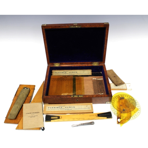 442 - Burr elm box containing a selection of  draughtsman equipment, etc. 33 x 23cm