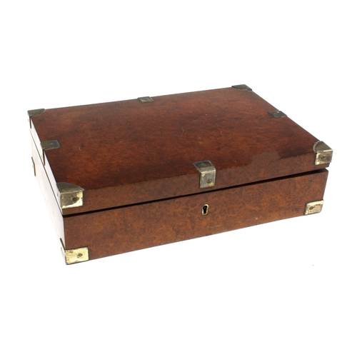 442 - Burr elm box containing a selection of  draughtsman equipment, etc. 33 x 23cm