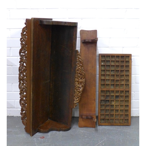 445 - Two wall shelves, one with a foliate pierced back, larger 83 x 34cm, together with a vintage letterp... 