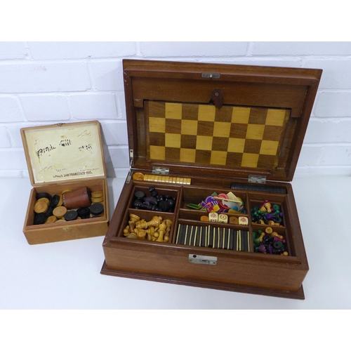 448 - Mahogany Games compendium box, including board, dominoes, chess pieces, checkers etc, 40 x 26cm, tog... 