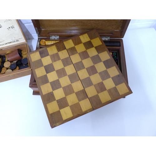 448 - Mahogany Games compendium box, including board, dominoes, chess pieces, checkers etc, 40 x 26cm, tog... 