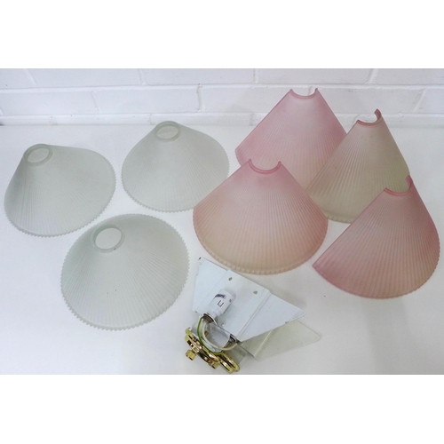 449 - Four pink glass wall shades, 25 x 15cm, together with three frosted glass shades 22 x 10cm and two w... 