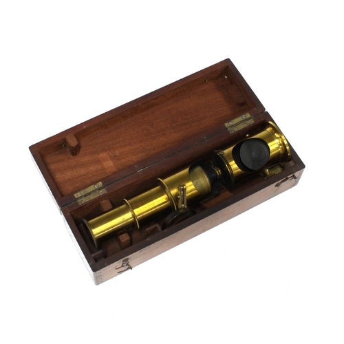 454 - Mahogany cased monocular brass microscope,  21 x 7cm.