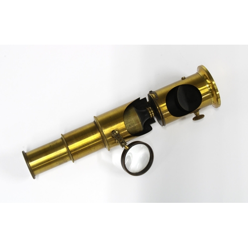 454 - Mahogany cased monocular brass microscope,  21 x 7cm.