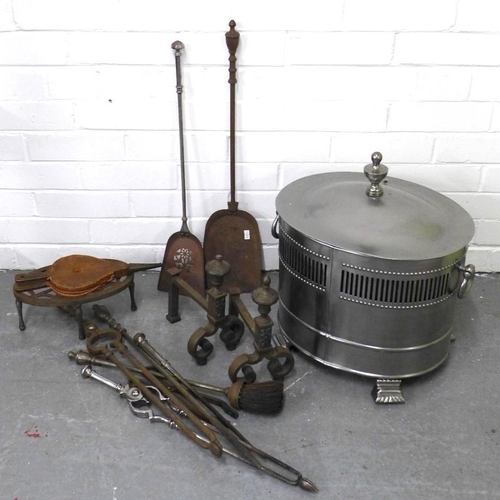 453 - A collection of vintage fireside items together with a Georgian style coal bucket and fire irons, et... 