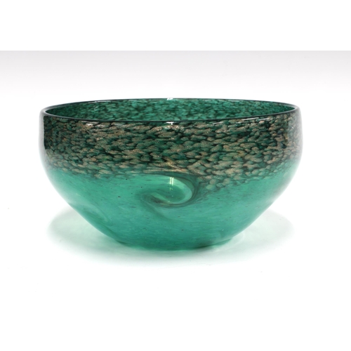 107 - Strathearn Scottish art glass bowl, green with aventurine inclusions, 21 x 10cm.