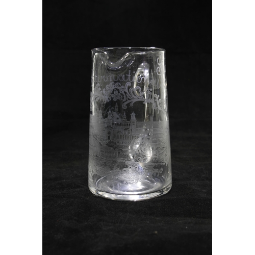 112 - Mary Gregory glass jug and a thistle firing glass and commemorative etched jug (3) 12cm.