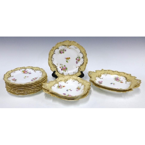 113 - 19th century Rockingham style handpainted dessert service with set of nine plates and four serving d... 