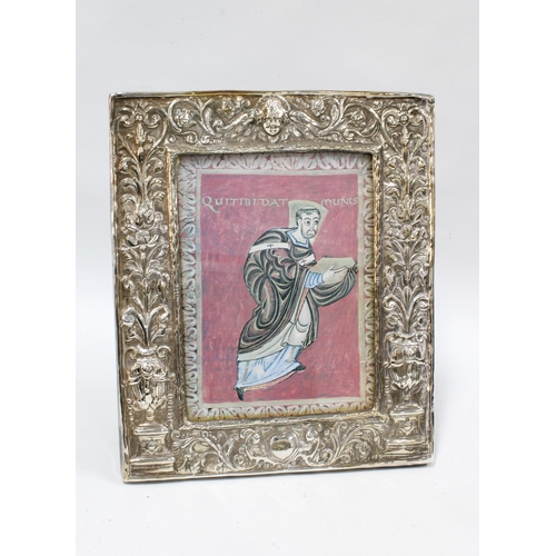 17 - Greek silver photograph frame, embossed pattern with flower urns and cherub, 21.5 x 25cm